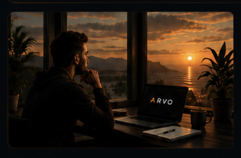ARVO founder reflecting beside a sunset trading desk
